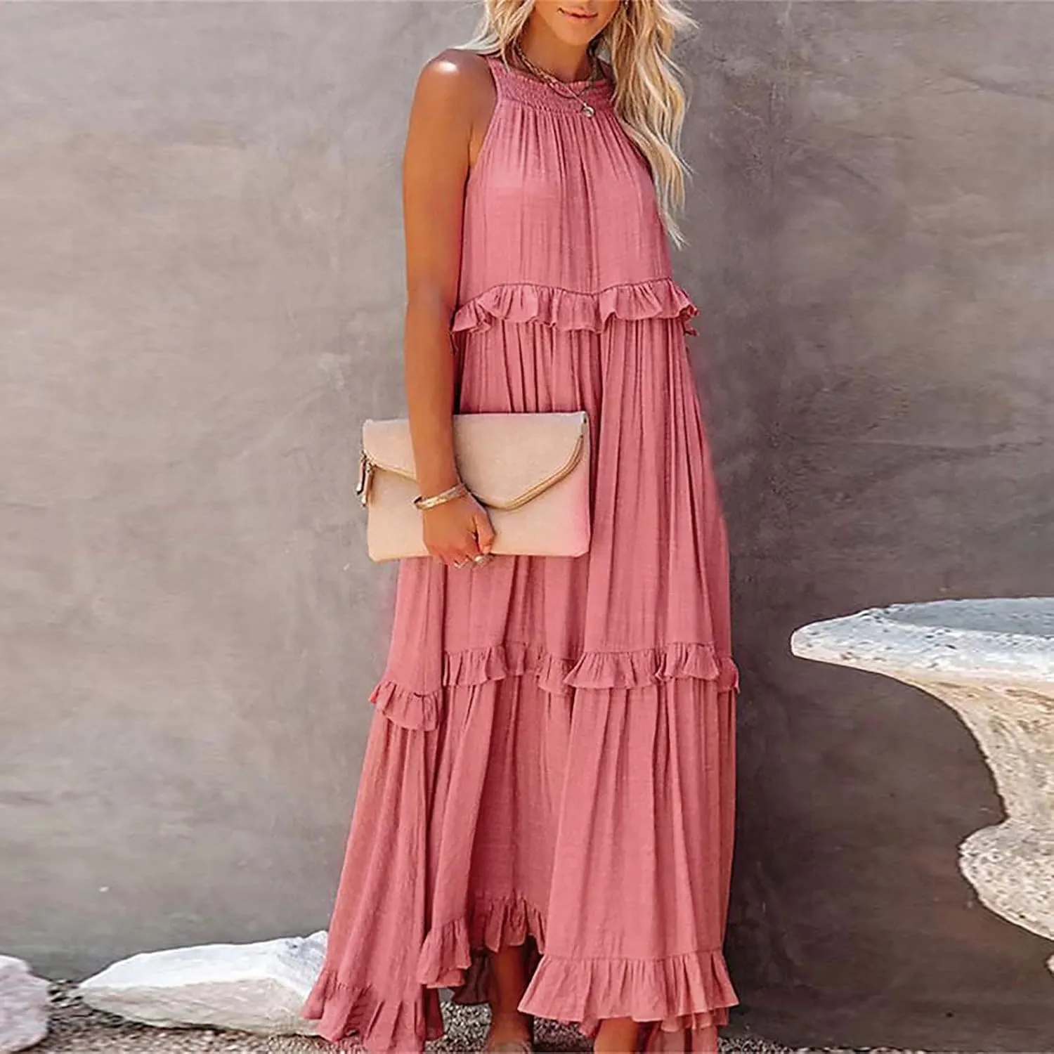 Spring Dresses for Women 2025, Women's Summer Sleeveless Halter Neck Ruffle Tiered Layed Flowy Swing Long Maxi Dress