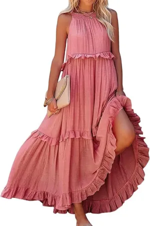 Spring Dresses for Women 2025, Women's Summer Sleeveless Halter Neck Ruffle Tiered Layed Flowy Swing Long Maxi Dress