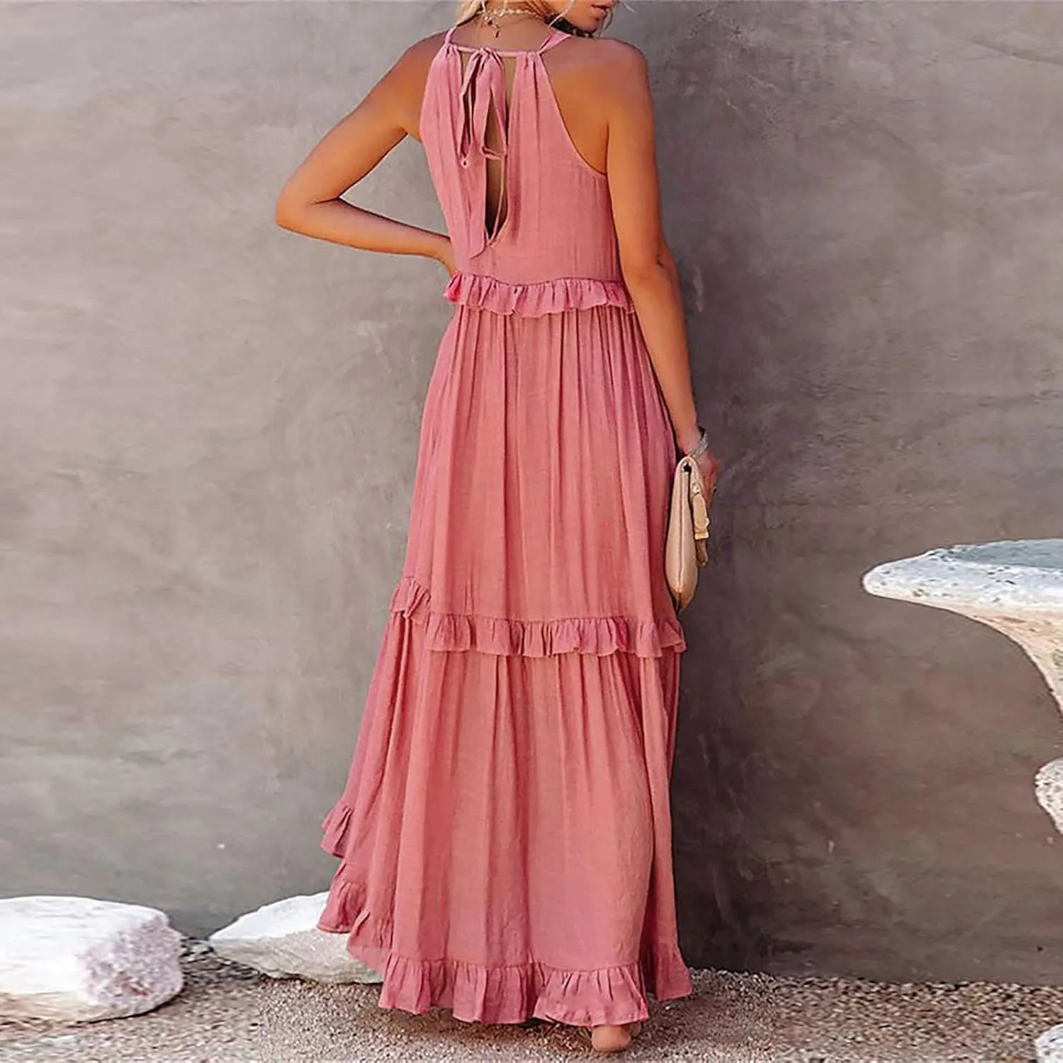 Spring Dresses for Women 2025, Women's Summer Sleeveless Halter Neck Ruffle Tiered Layed Flowy Swing Long Maxi Dress