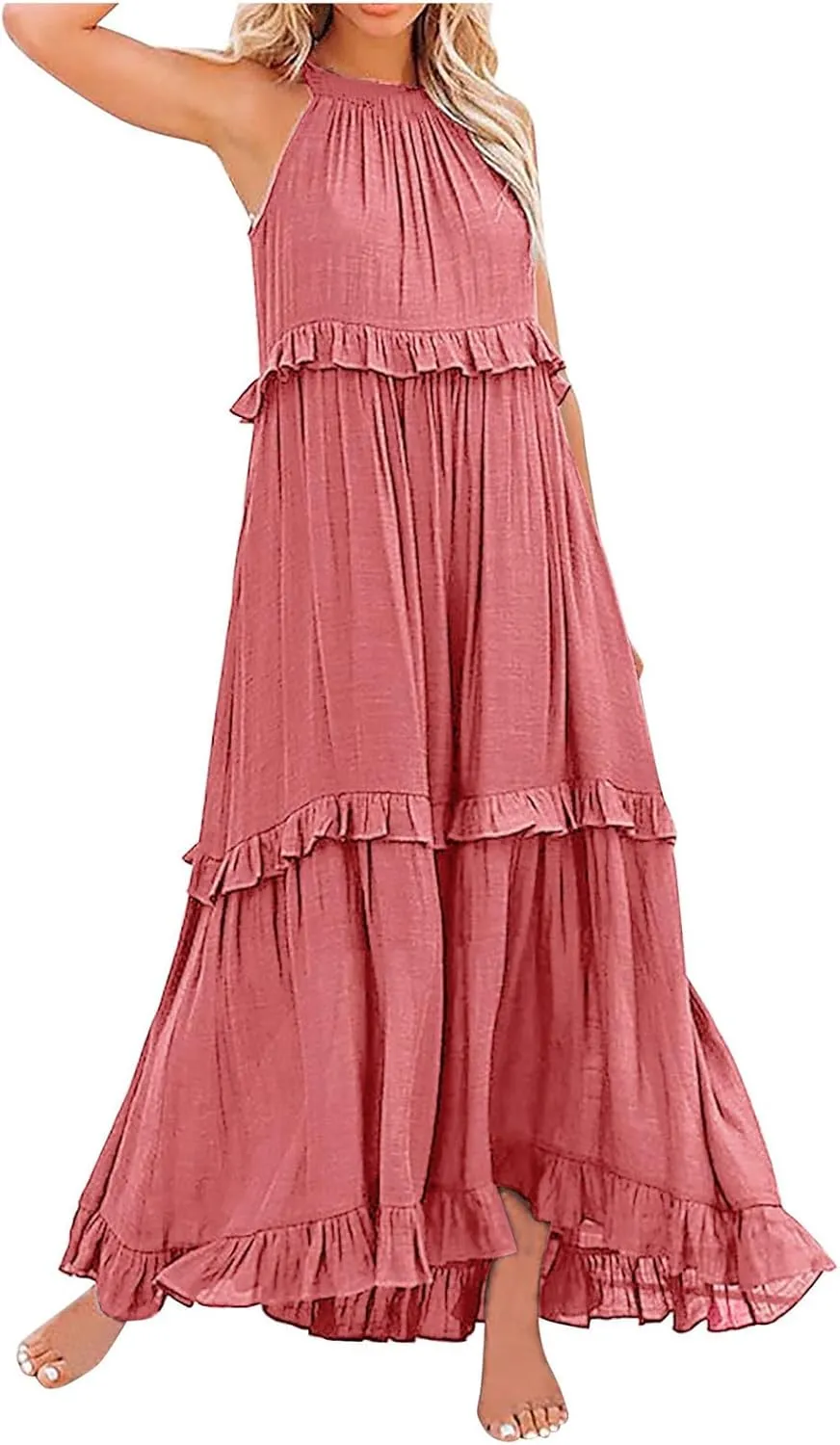 Spring Dresses for Women 2025, Women's Summer Sleeveless Halter Neck Ruffle Tiered Layed Flowy Swing Long Maxi Dress