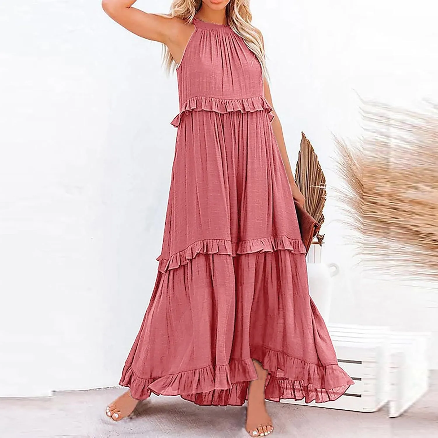 Spring Dresses for Women 2025, Women's Summer Sleeveless Halter Neck Ruffle Tiered Layed Flowy Swing Long Maxi Dress