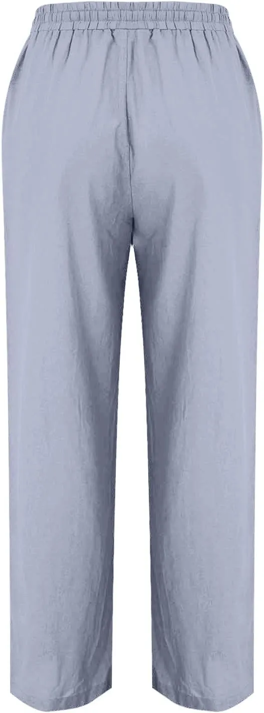 Straight Leg Cotton Linen Pants Women Summer Beach Lounge Pants Elastic Waist Drawstring Casual Trousers with Pockets