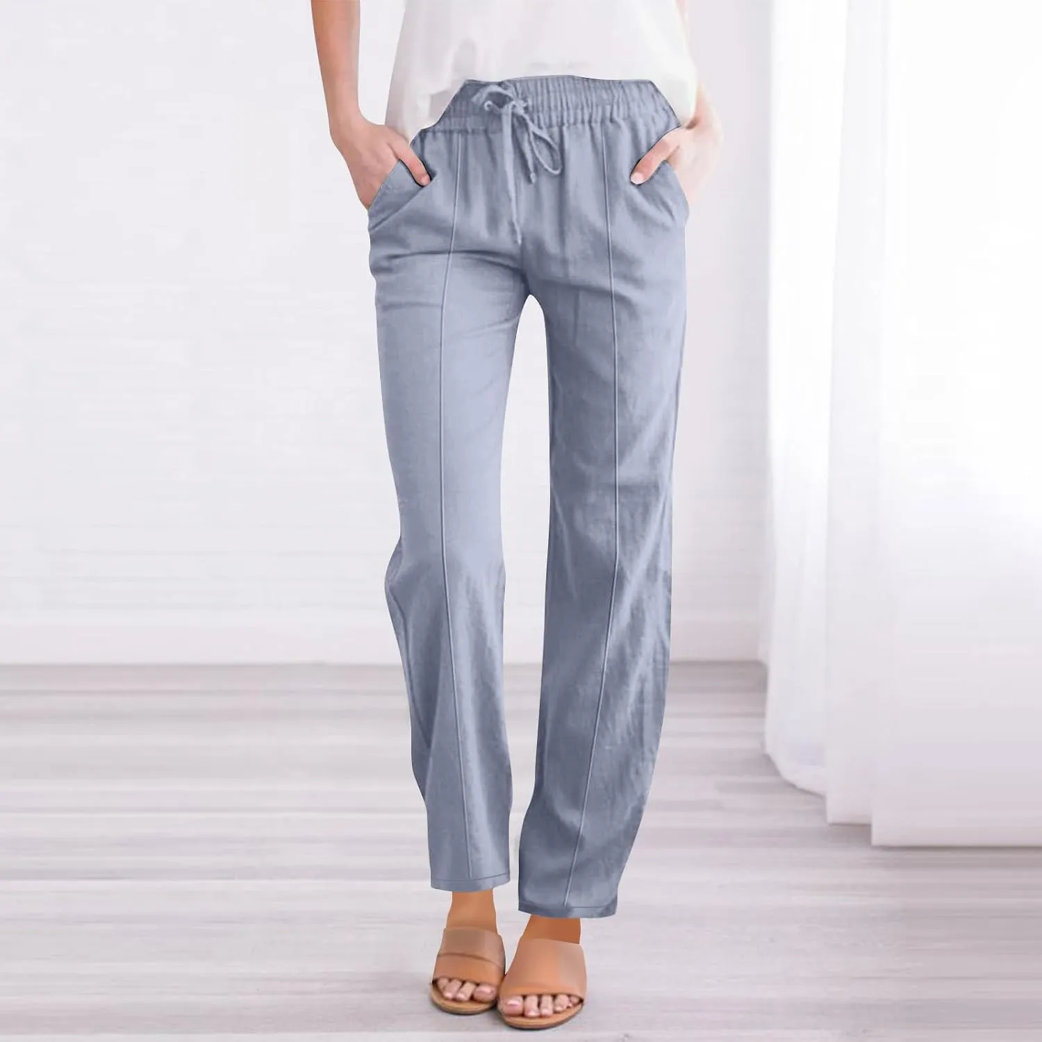 Straight Leg Cotton Linen Pants Women Summer Beach Lounge Pants Elastic Waist Drawstring Casual Trousers with Pockets