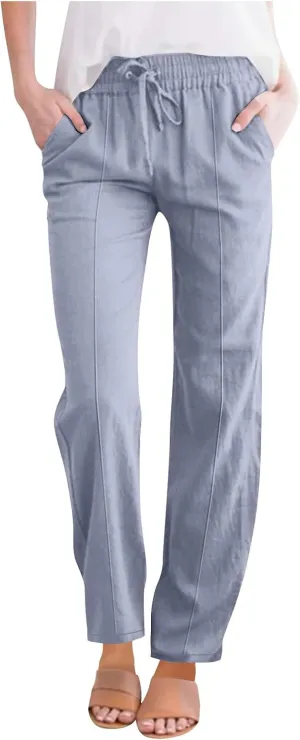 Straight Leg Cotton Linen Pants Women Summer Beach Lounge Pants Elastic Waist Drawstring Casual Trousers with Pockets