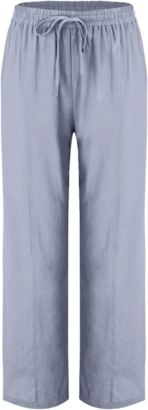 Straight Leg Cotton Linen Pants Women Summer Beach Lounge Pants Elastic Waist Drawstring Casual Trousers with Pockets