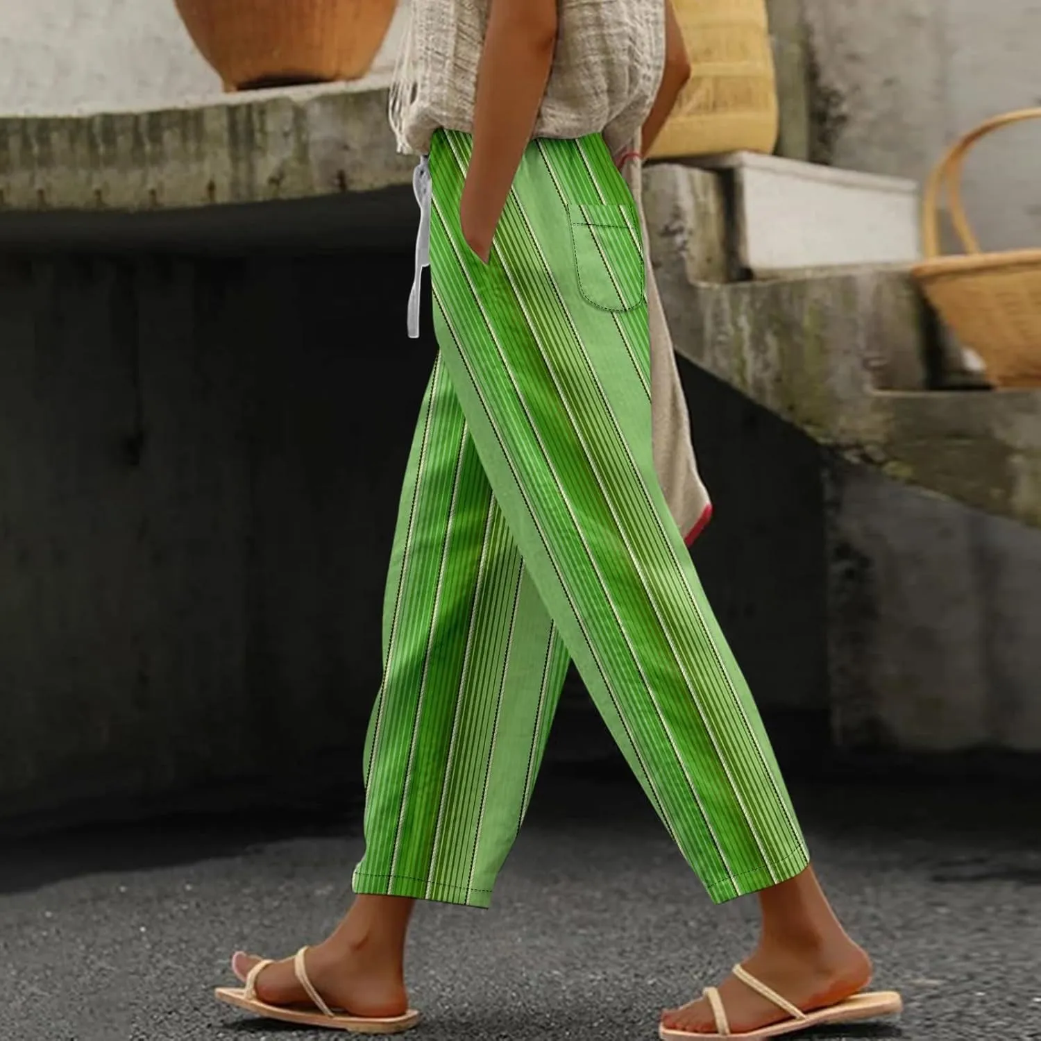 Striped Linen Pants Women Elastic Waist Trendy Drawstring Capri Pants Casual Loose Summer Beach Trouser