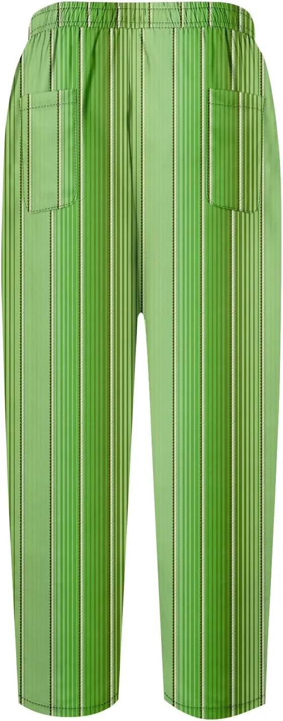 Striped Linen Pants Women Elastic Waist Trendy Drawstring Capri Pants Casual Loose Summer Beach Trouser