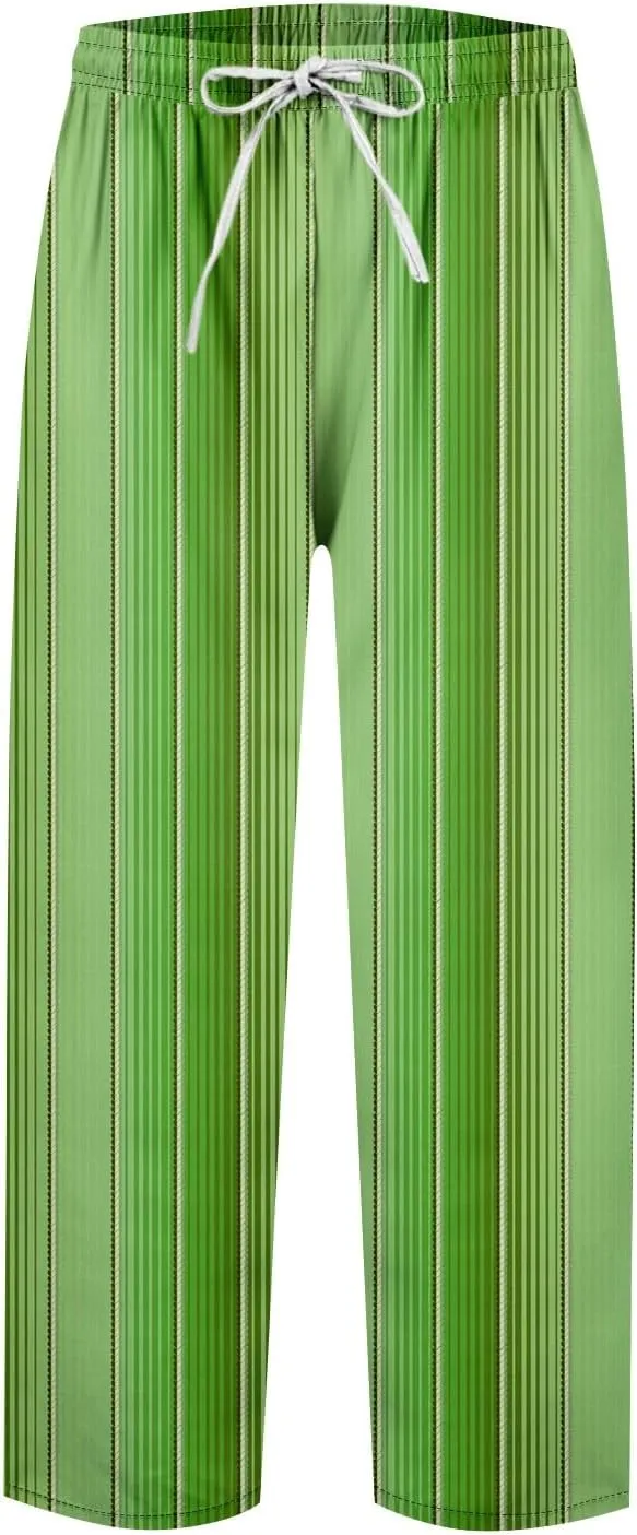 Striped Linen Pants Women Elastic Waist Trendy Drawstring Capri Pants Casual Loose Summer Beach Trouser