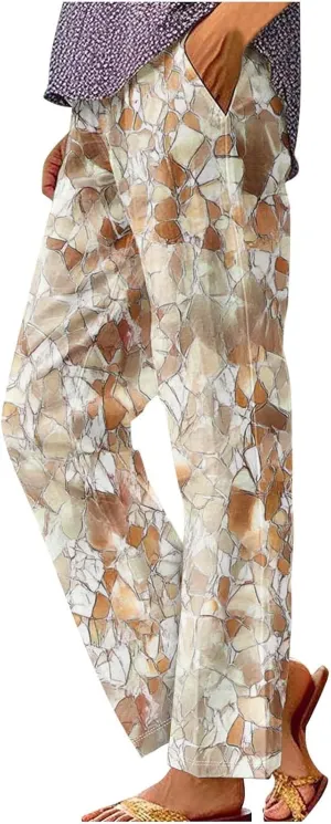 Summer Boho Cotton Linen Casual Pants for Women, Fashion Print Baggy Palazzo Pants Elastic Waist Pockets Trousers