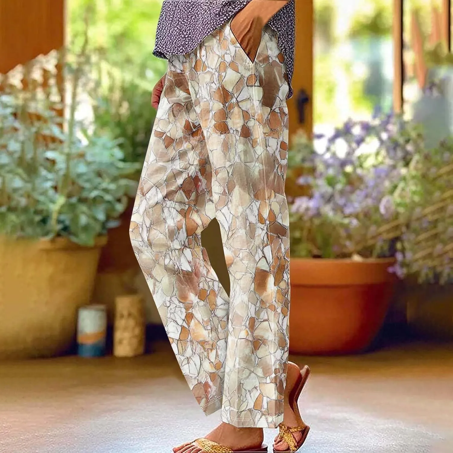Summer Boho Cotton Linen Casual Pants for Women, Fashion Print Baggy Palazzo Pants Elastic Waist Pockets Trousers