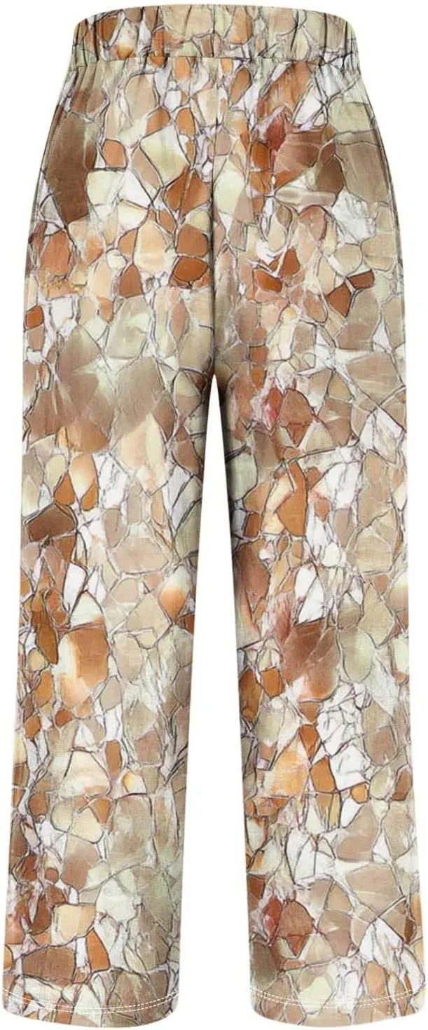 Summer Boho Cotton Linen Casual Pants for Women, Fashion Print Baggy Palazzo Pants Elastic Waist Pockets Trousers
