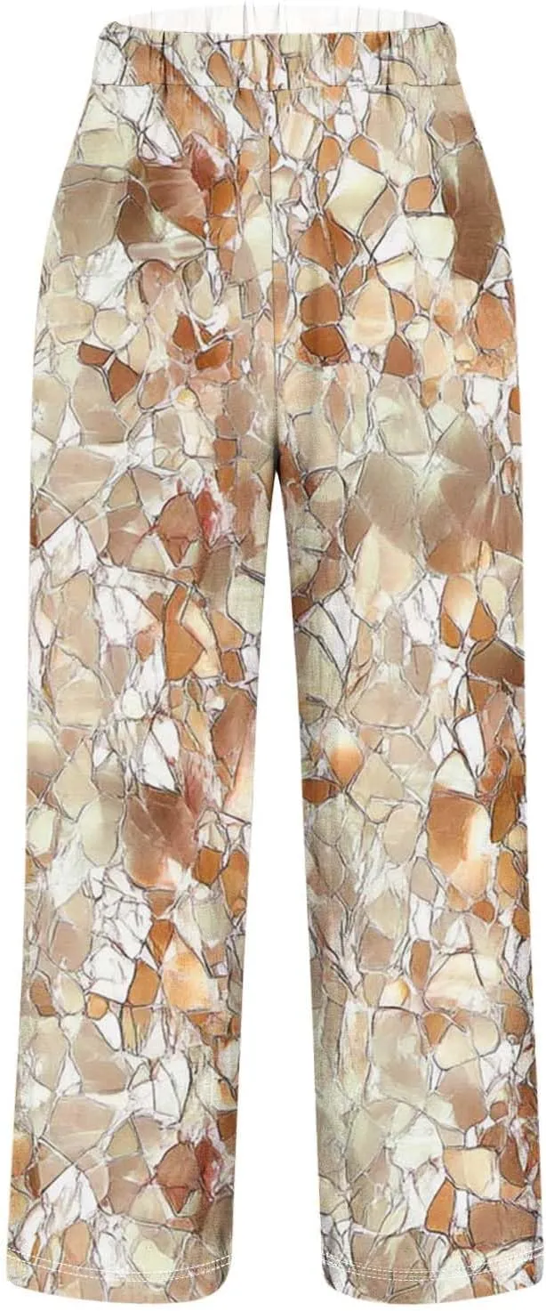 Summer Boho Cotton Linen Casual Pants for Women, Fashion Print Baggy Palazzo Pants Elastic Waist Pockets Trousers