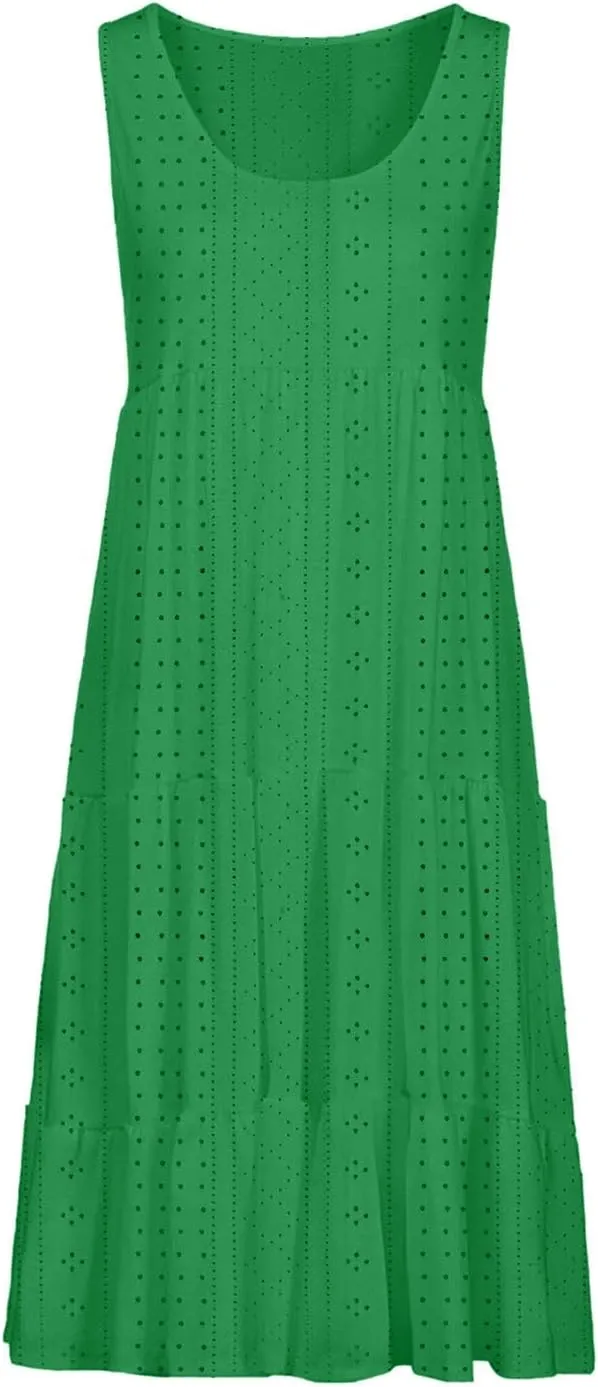 Summer Casual Tank Dress Sleeveless Hollow Out T Shirt Dresses Flowy Ruffle Tiered Swing Mini Beach Vacation Sundress
