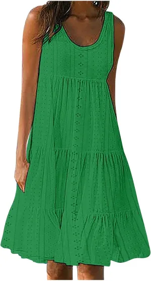 Summer Casual Tank Dress Sleeveless Hollow Out T Shirt Dresses Flowy Ruffle Tiered Swing Mini Beach Vacation Sundress