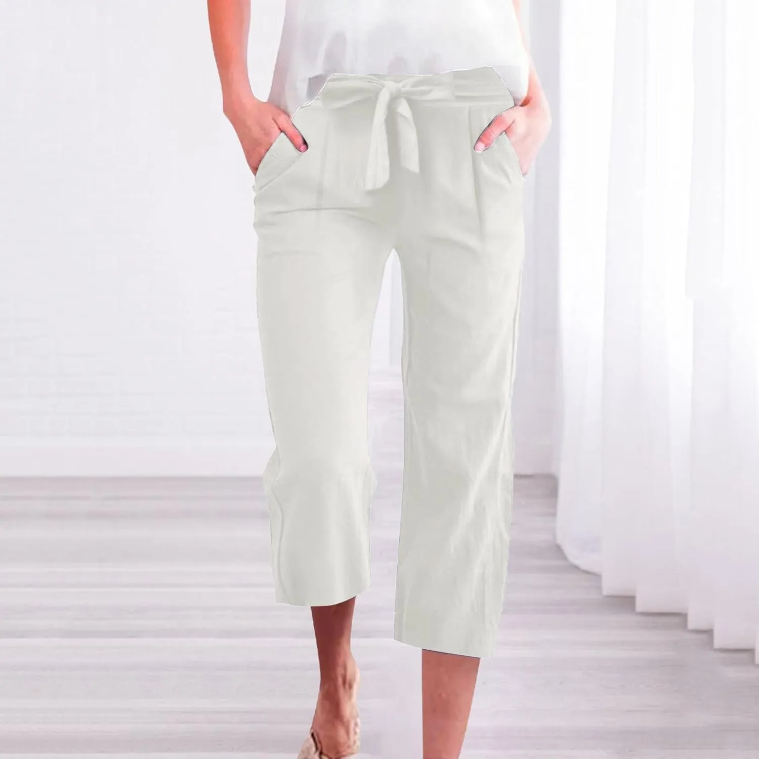 Summer Cotton Linen Capri Pants for Women Straight Wide Leg Cropped Trousers with Drawstring Waist Causal Summer Pant