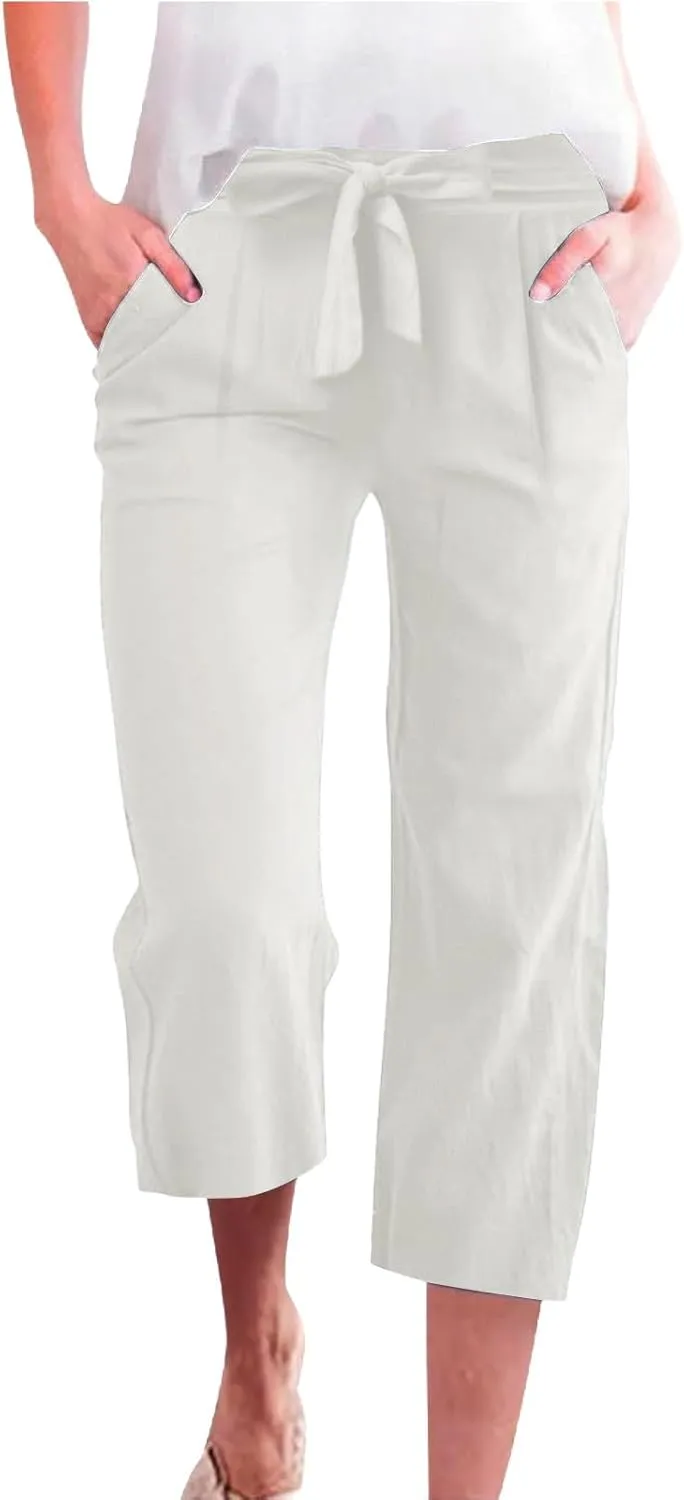 Summer Cotton Linen Capri Pants for Women Straight Wide Leg Cropped Trousers with Drawstring Waist Causal Summer Pant