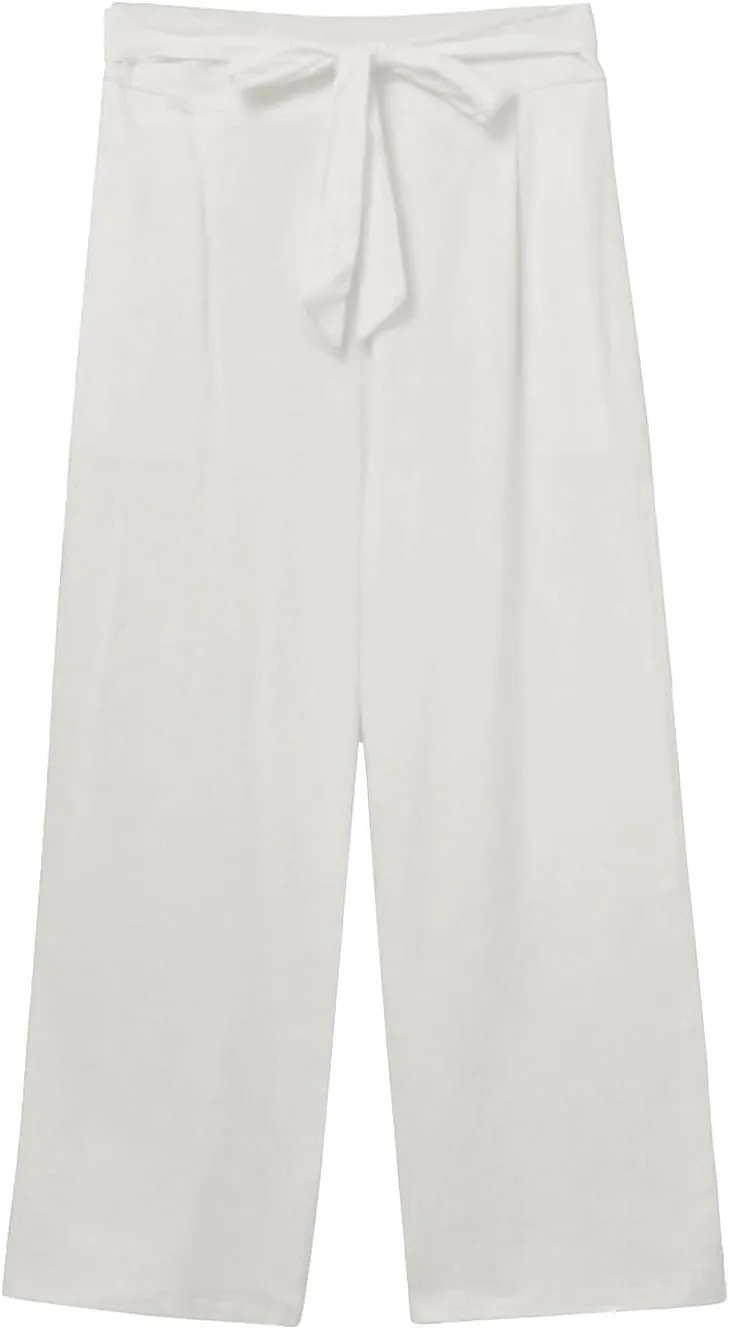 Summer Cotton Linen Capri Pants for Women Straight Wide Leg Cropped Trousers with Drawstring Waist Causal Summer Pant