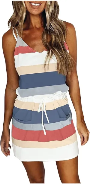 Summer Dresses for Women 2024 Casual V-Neck Sleeveless Bandage Stripe Printing Sundresses Loose Vest Sling Dress