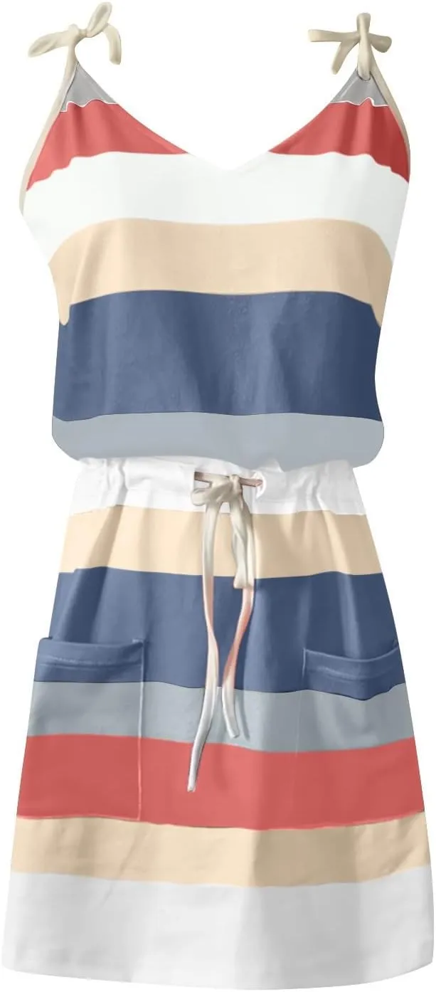 Summer Dresses for Women 2024 Casual V-Neck Sleeveless Bandage Stripe Printing Sundresses Loose Vest Sling Dress
