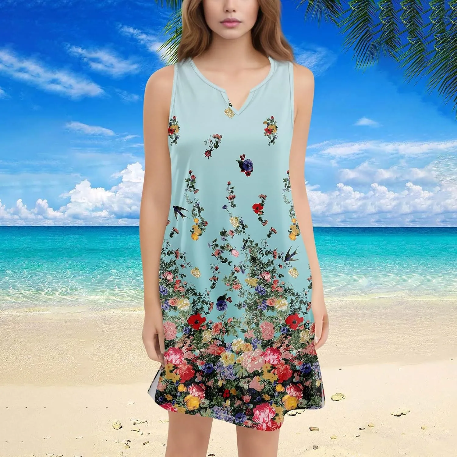 Summer Dresses for Women 2025 Mini Dresses Sleeveless V Neck Floral Swing Going Out Beach Vacation Sundress Casual Outfits