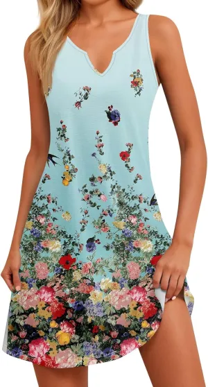 Summer Dresses for Women 2025 Mini Dresses Sleeveless V Neck Floral Swing Going Out Beach Vacation Sundress Casual Outfits