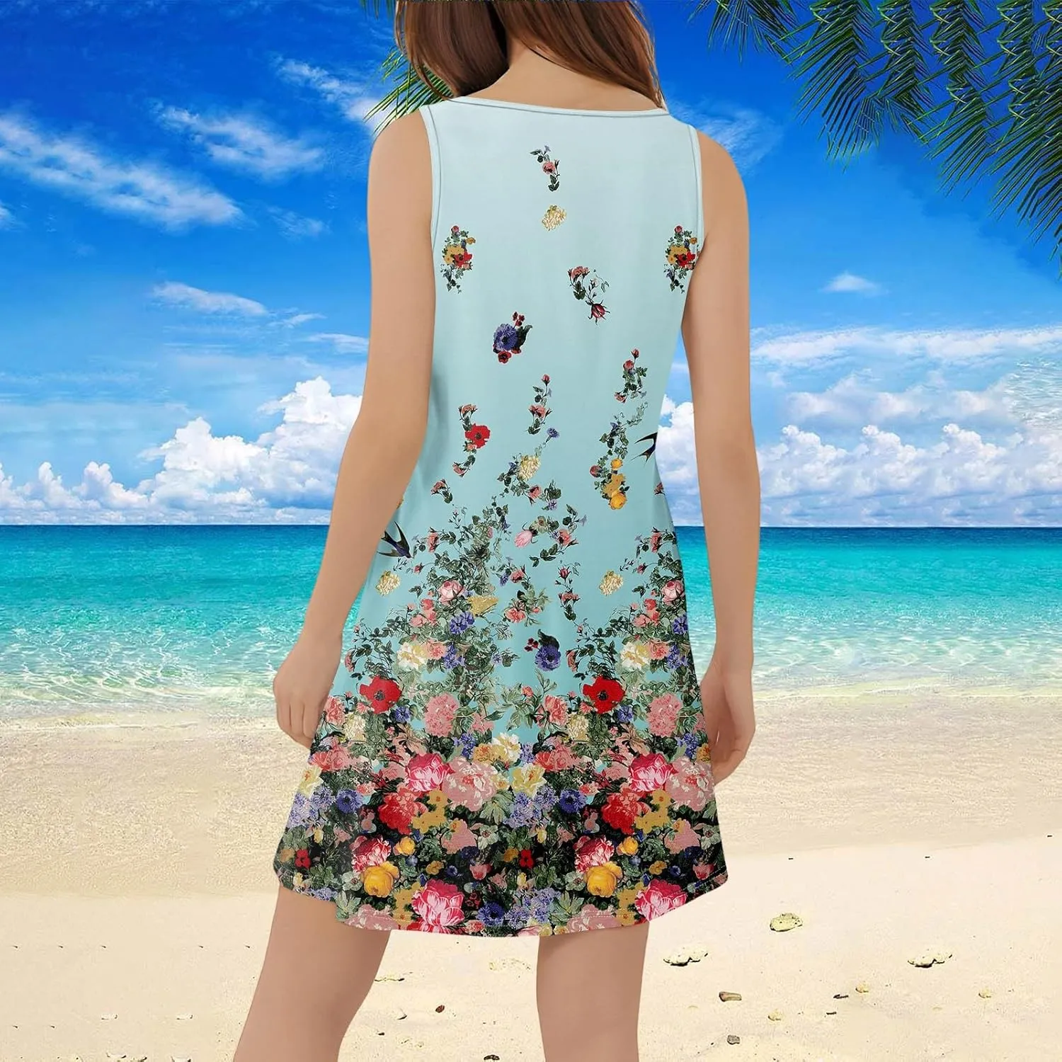 Summer Dresses for Women 2025 Mini Dresses Sleeveless V Neck Floral Swing Going Out Beach Vacation Sundress Casual Outfits