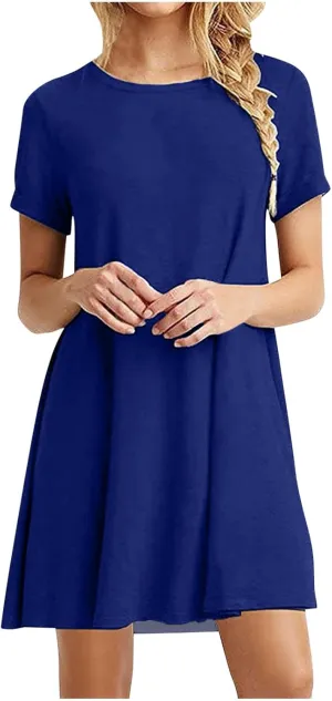 Summer Dresses for Women 2025 Short Sleeve Round Neck Casual Tshirt Dress Loose Solid Color Comfy Mini Dresses
