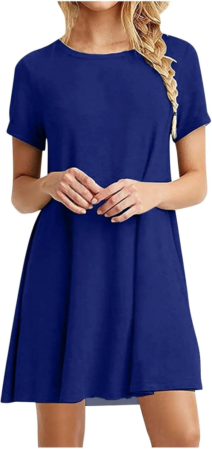 Summer Dresses for Women 2025 Short Sleeve Round Neck Casual Tshirt Dress Loose Solid Color Comfy Mini Dresses