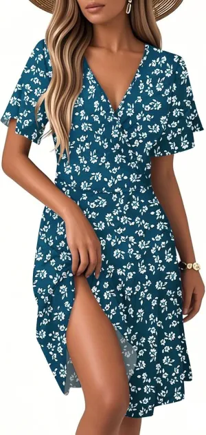 Summer Dresses for Women 2025 Wrap V Neck Floral Printed Sundresses Flowy Dress Short Sleeve Beach Vacation Dress