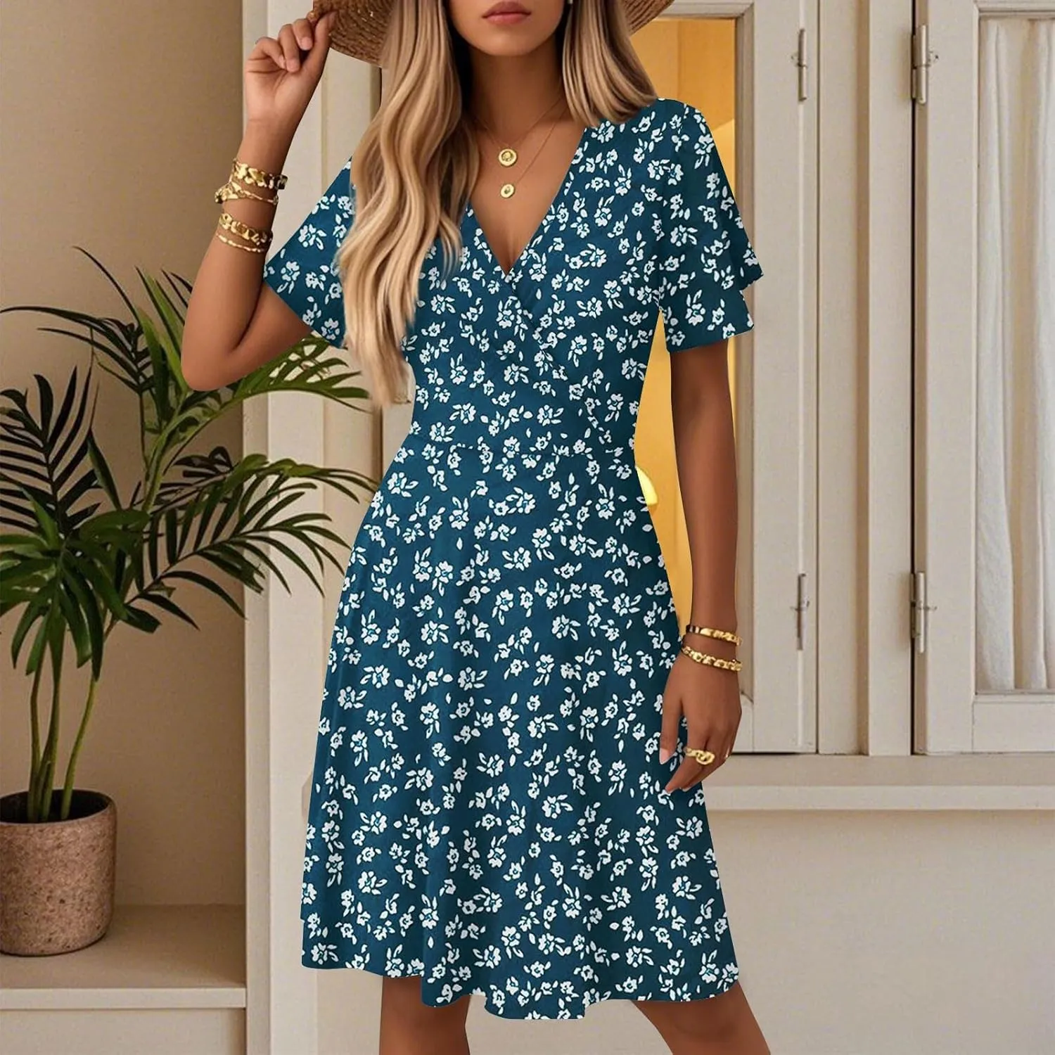 Summer Dresses for Women 2025 Wrap V Neck Floral Printed Sundresses Flowy Dress Short Sleeve Beach Vacation Dress