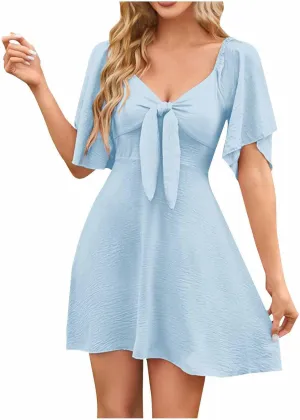 Summer Dresses for Women Short Sleeve V Neck Tie Knot Dress Casual Slim Fit Flowy Swing Vacation Mini Dresses