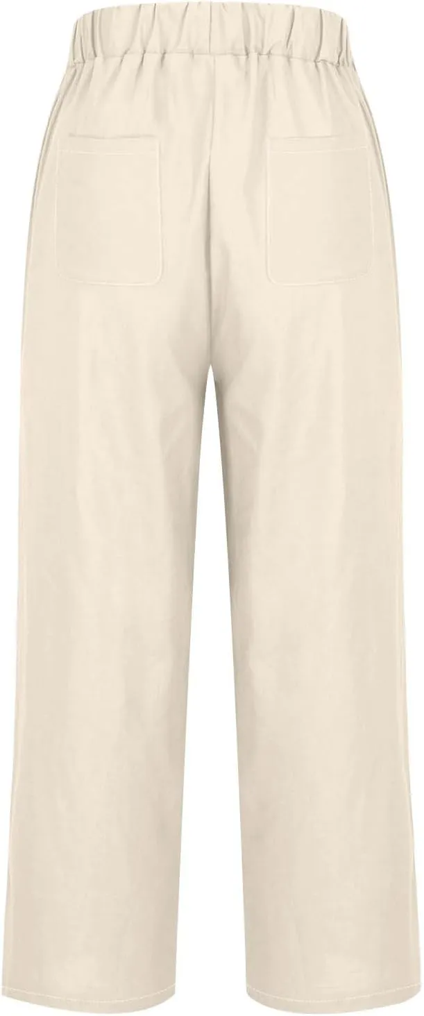 Summer Linen Pants for Women, Elastic High Waist Wide Leg Slacks Cotton Linen Straight Palazzo Trousers with Pockets