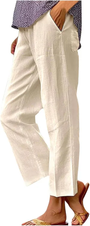 Summer Linen Pants for Women, Elastic High Waist Wide Leg Slacks Cotton Linen Straight Palazzo Trousers with Pockets