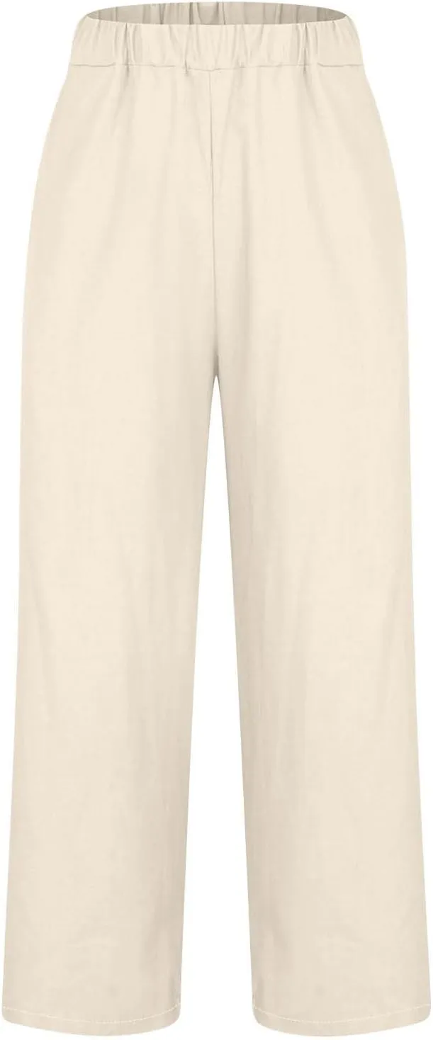 Summer Linen Pants for Women, Elastic High Waist Wide Leg Slacks Cotton Linen Straight Palazzo Trousers with Pockets