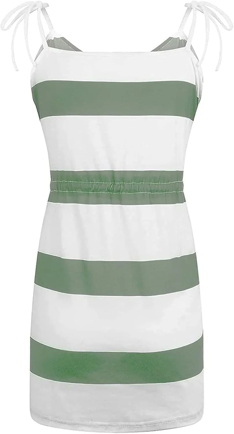 Summer Sundresses Halter Vacation Women Summer Casual Striped Dress Sleeveless Halter Strap Flowy Boho with Pockets