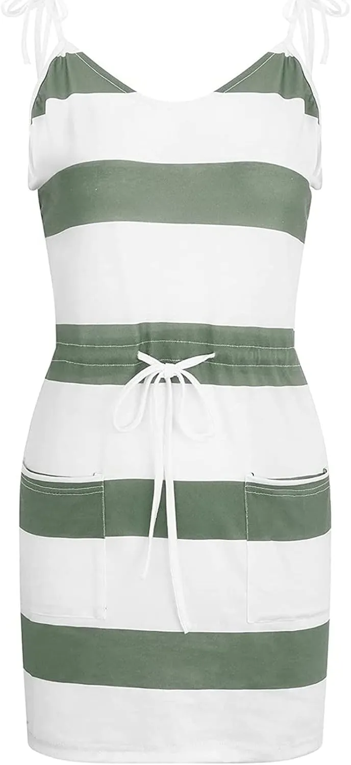 Summer Sundresses Halter Vacation Women Summer Casual Striped Dress Sleeveless Halter Strap Flowy Boho with Pockets