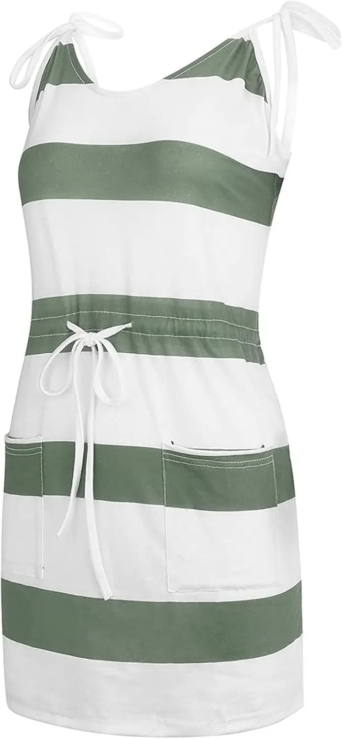 Summer Sundresses Halter Vacation Women Summer Casual Striped Dress Sleeveless Halter Strap Flowy Boho with Pockets