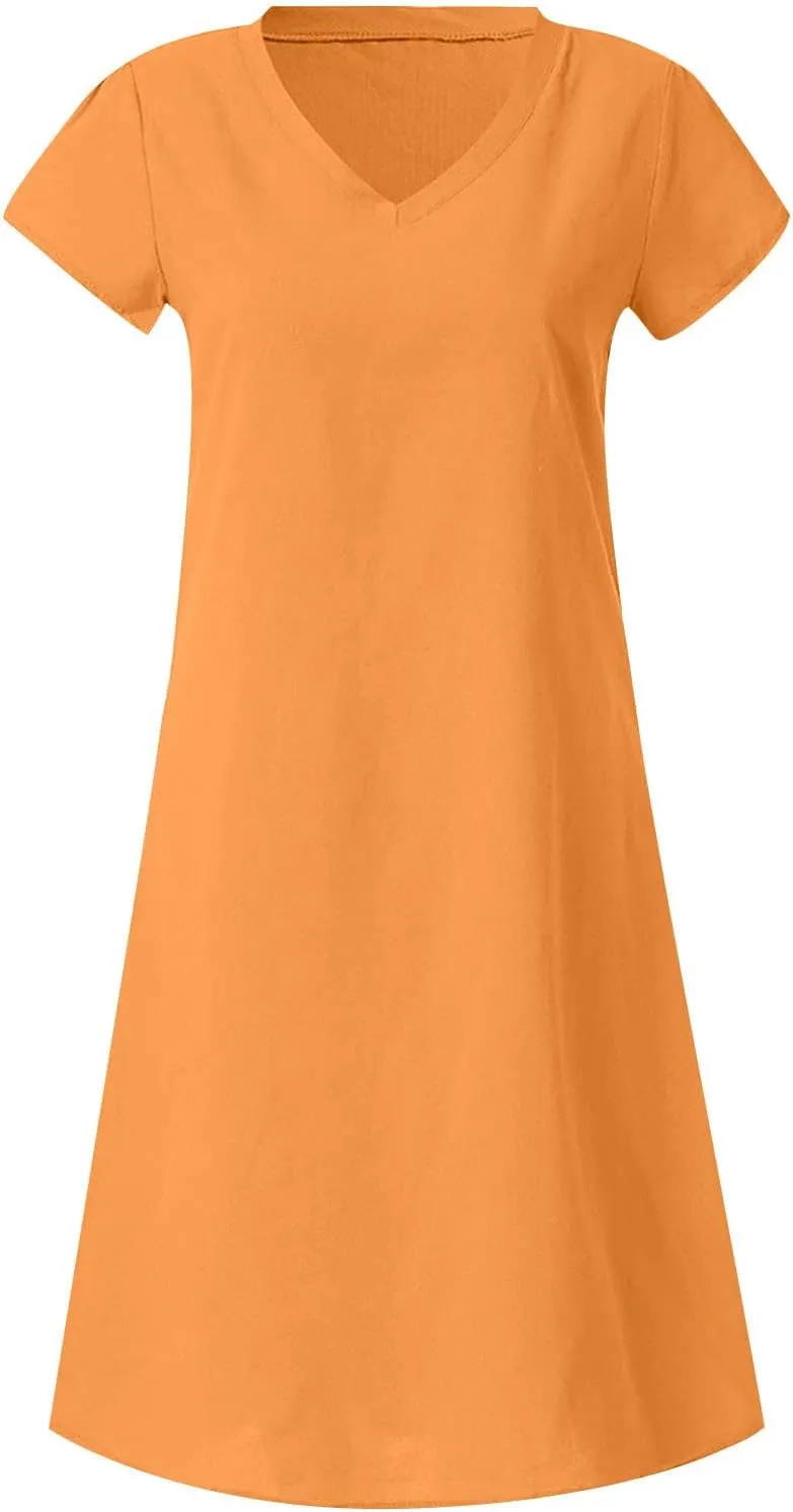 Summer Tshirt Dresses for Women Cotton Linen Short Sleeve V Neck Dress Plus Size Casual Loose Fit Mini Dresses