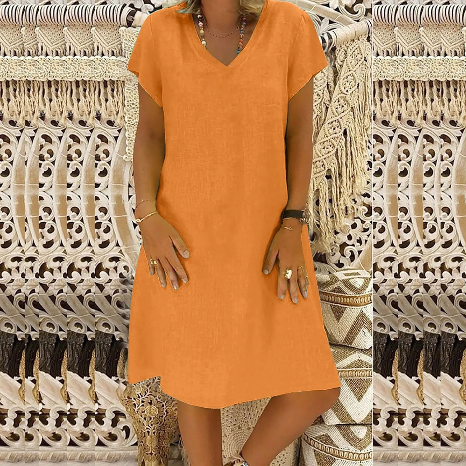 Summer Tshirt Dresses for Women Cotton Linen Short Sleeve V Neck Dress Plus Size Casual Loose Fit Mini Dresses
