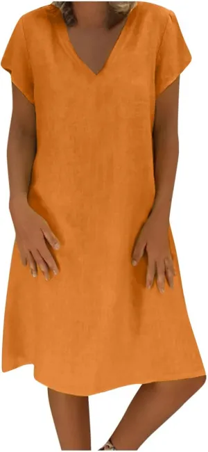 Summer Tshirt Dresses for Women Cotton Linen Short Sleeve V Neck Dress Plus Size Casual Loose Fit Mini Dresses