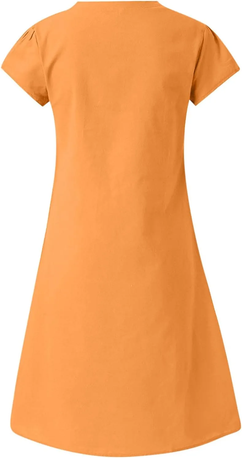 Summer Tshirt Dresses for Women Cotton Linen Short Sleeve V Neck Dress Plus Size Casual Loose Fit Mini Dresses
