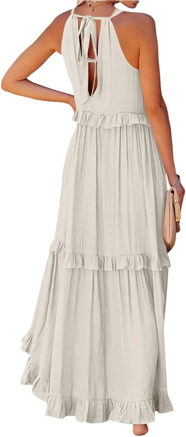 Sundresses for Women 2025 Sleeveless Summer Boho Beach Maxi Dress Tiered Pleated Flowy Swing Halter Church Long Dress