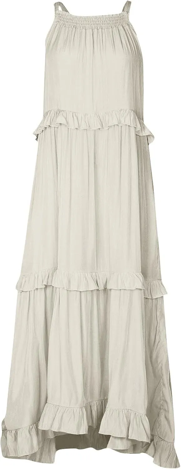 Sundresses for Women 2025 Sleeveless Summer Boho Beach Maxi Dress Tiered Pleated Flowy Swing Halter Church Long Dress