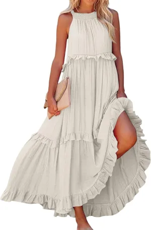 Sundresses for Women 2025 Sleeveless Summer Boho Beach Maxi Dress Tiered Pleated Flowy Swing Halter Church Long Dress