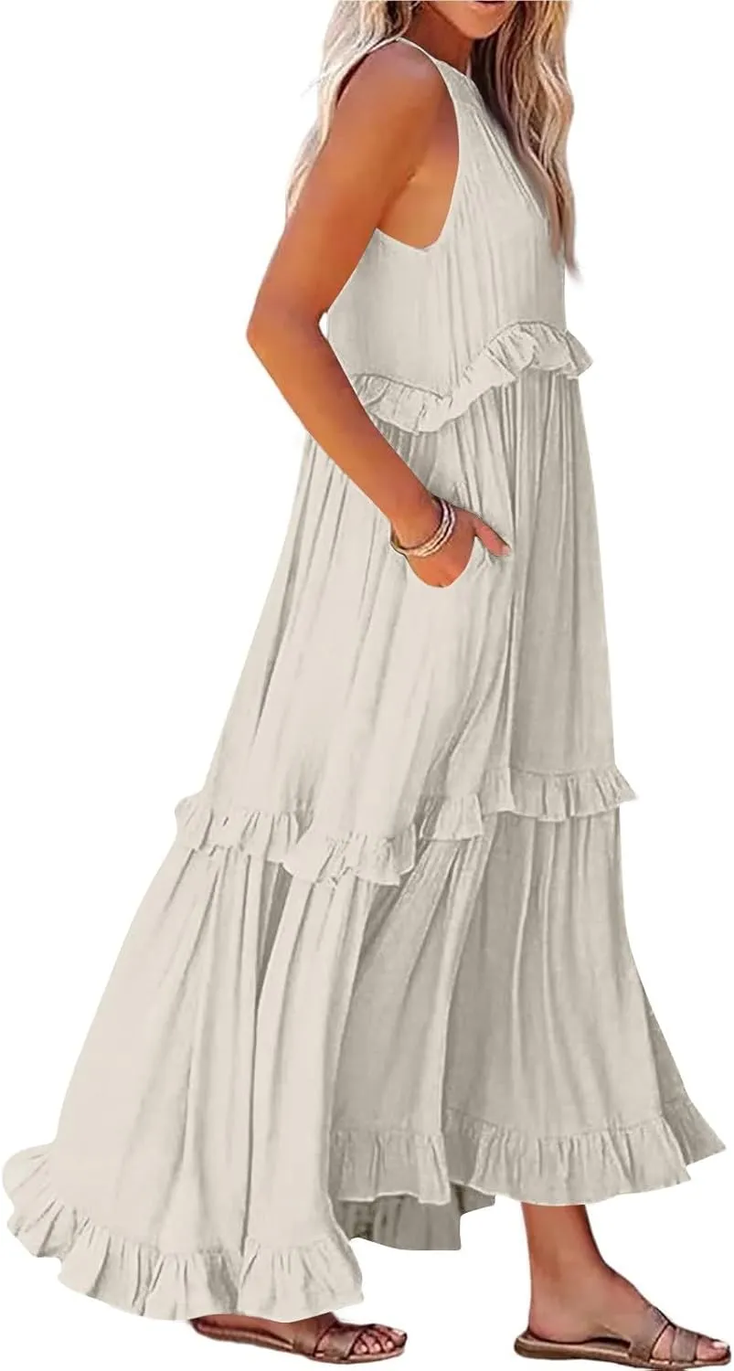 Sundresses for Women 2025 Sleeveless Summer Boho Beach Maxi Dress Tiered Pleated Flowy Swing Halter Church Long Dress