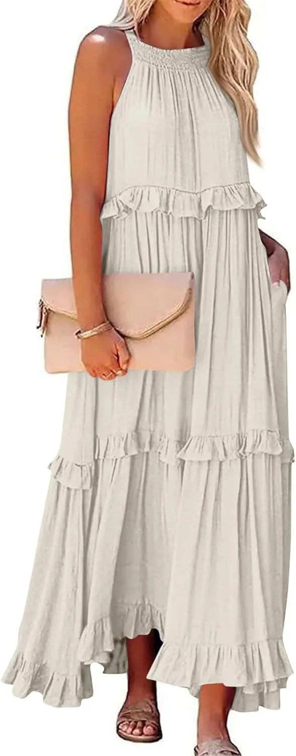 Sundresses for Women 2025 Sleeveless Summer Boho Beach Maxi Dress Tiered Pleated Flowy Swing Halter Church Long Dress