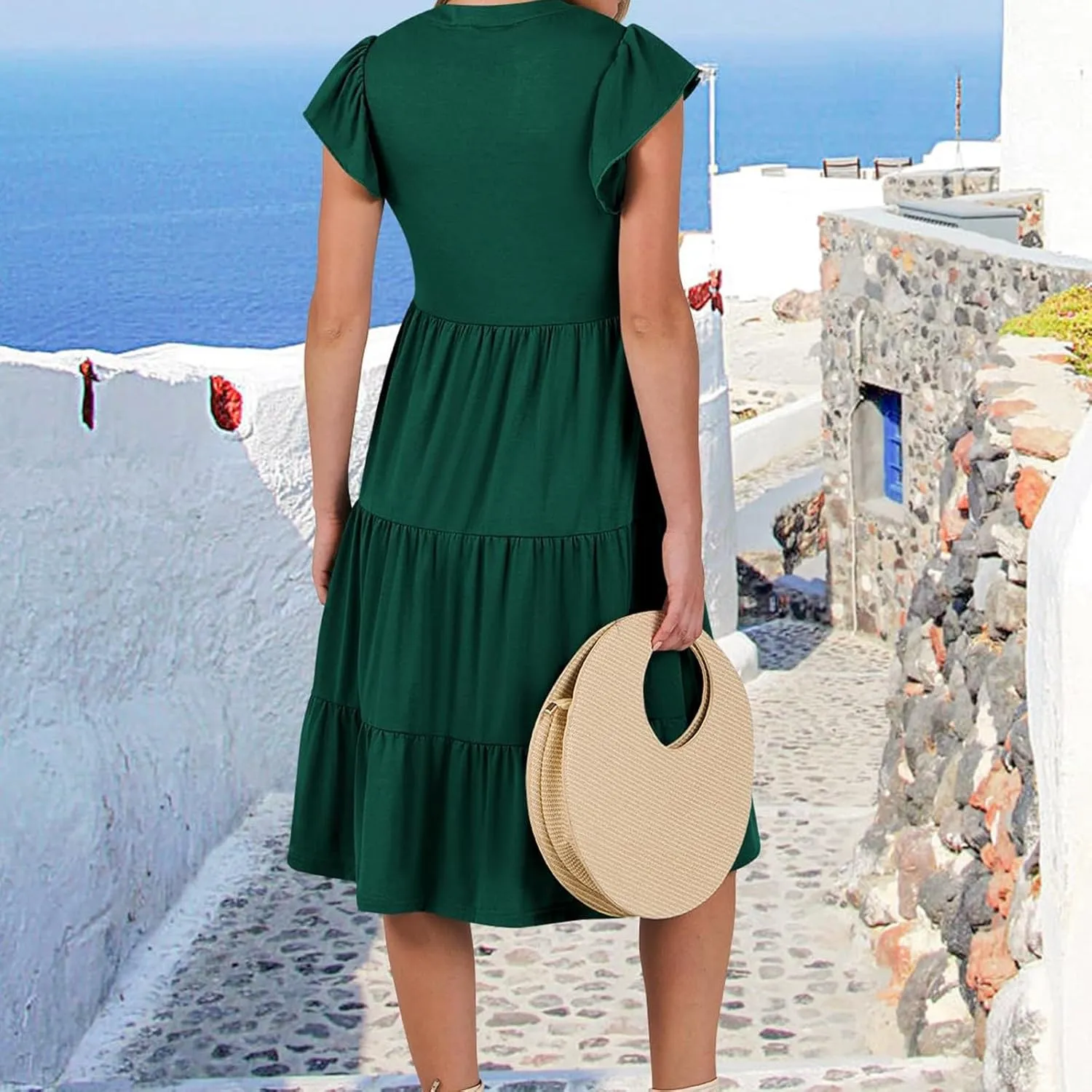 Sundresses for Women 2025 Summer Ruffle Sleeve V Neck Midi Dresses Casual Loose Fit Flowy Tiered Boho Beach Dress