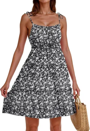 Sundresses for Women Vacation Spaghetti Strap Backless Floral Mini Dress Flowy Summer Tiered Ruffle Skater Dress