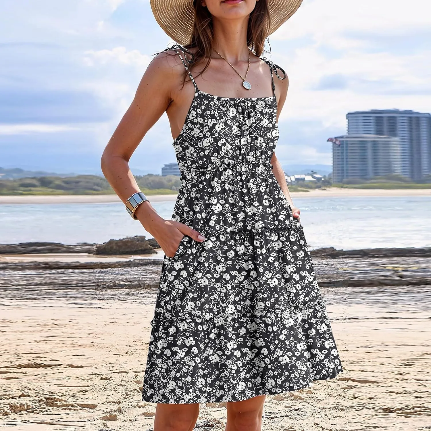 Sundresses for Women Vacation Spaghetti Strap Backless Floral Mini Dress Flowy Summer Tiered Ruffle Skater Dress