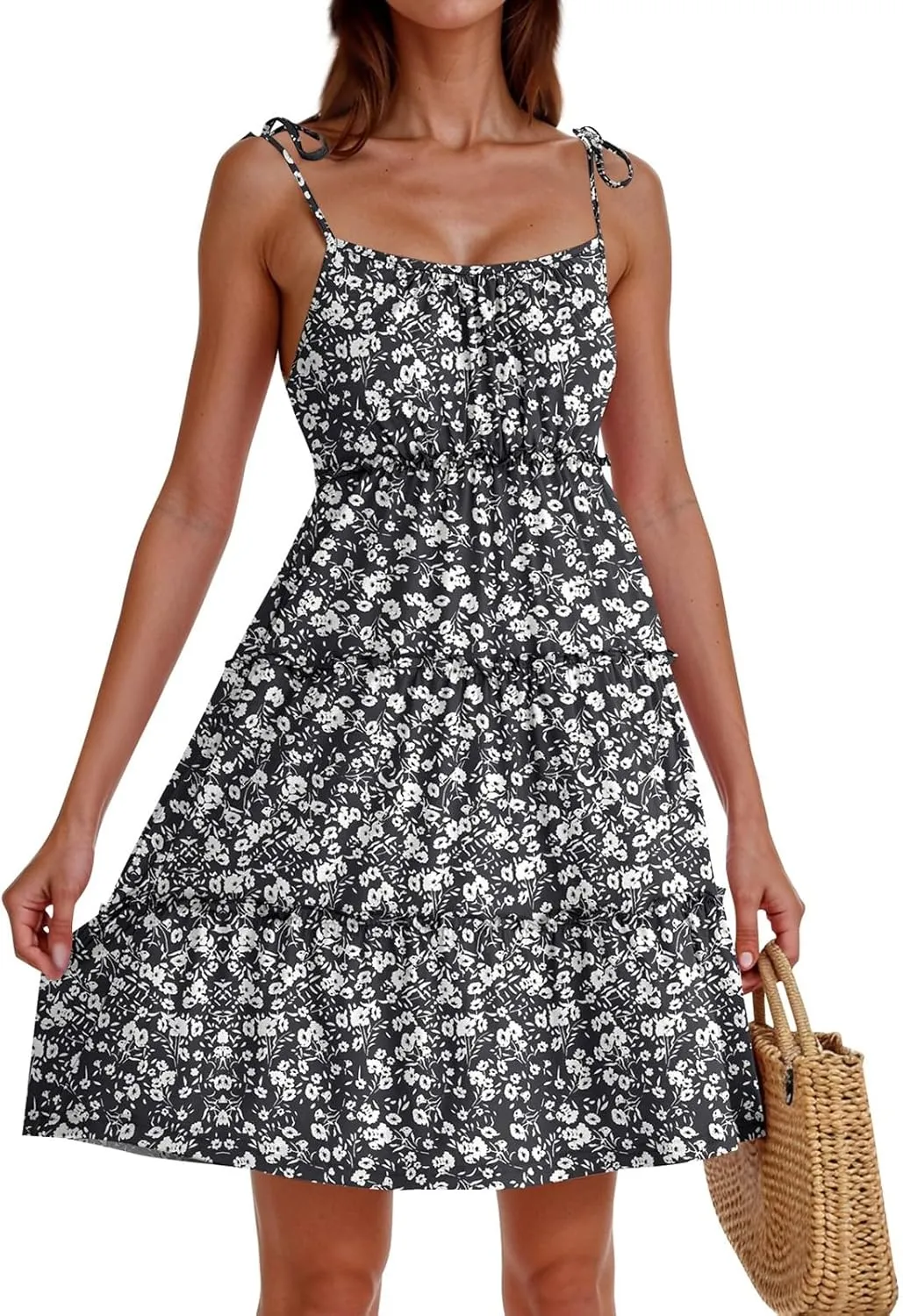 Sundresses for Women Vacation Spaghetti Strap Backless Floral Mini Dress Flowy Summer Tiered Ruffle Skater Dress
